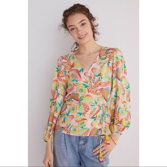 NEW FARM Rio Anthropologie Rainforest Tropical Wrap Long-Sleeve Blouse Top Small - Picture 1 of 3